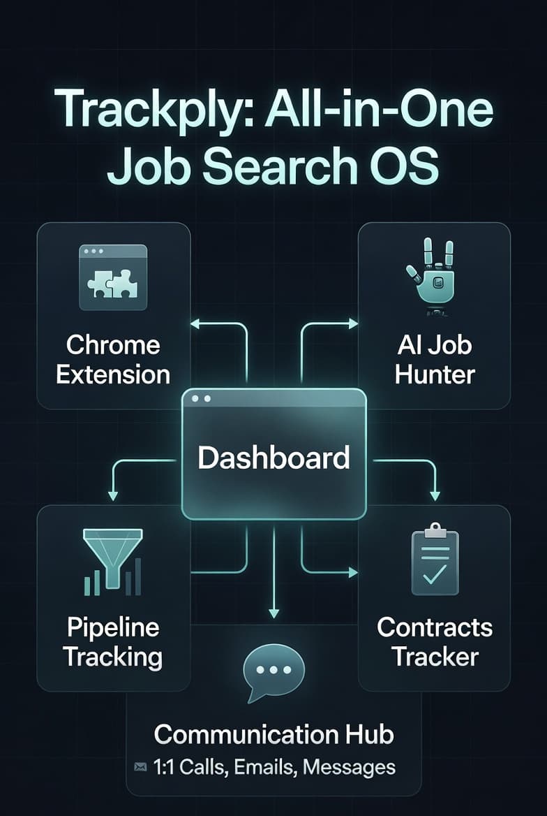 Trackply platform architecture: Chrome extension, AI job hunter, pipeline tracking, contracts tracker, and communication hub around a central dashboard